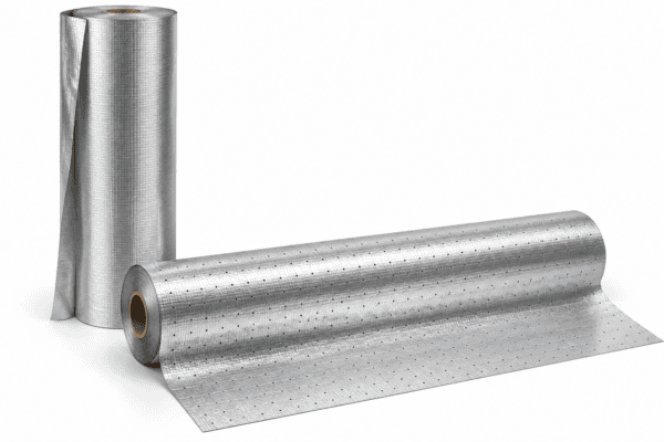 Solid aluminum barrier roll standing upright behind a horizontal perforated roll with foil partially unrolled.
