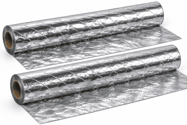 Two silver diamond-pattern radiant barrier rolls, solid in back and perforated in front, partially unrolled.